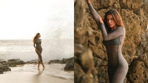 Mariana Goldfarb chama atenção com vestido transparente em ensaio em Fernando de Noronha