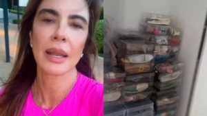 Luciana Gimenez visita antigo apartamento e descobre pilhas de sapato de grife em closet