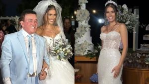 Calita Miranda e Amado Batista se casam em festa luxuosa e noiva usa dois vestidos elegantes