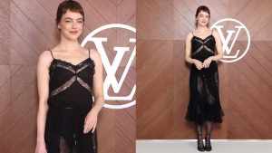 Emma Stone aposta em tendência e inclui lingerie no visual para desfile da Louis Vuitton