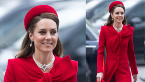 Kate Middleton e príncipe William comemoram visitam local que se casaram e princesa usa vermelho grifado