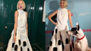 Naomi Watts usa vestido da Jacquemus que combina com cachorro em première de ‘The Pet’